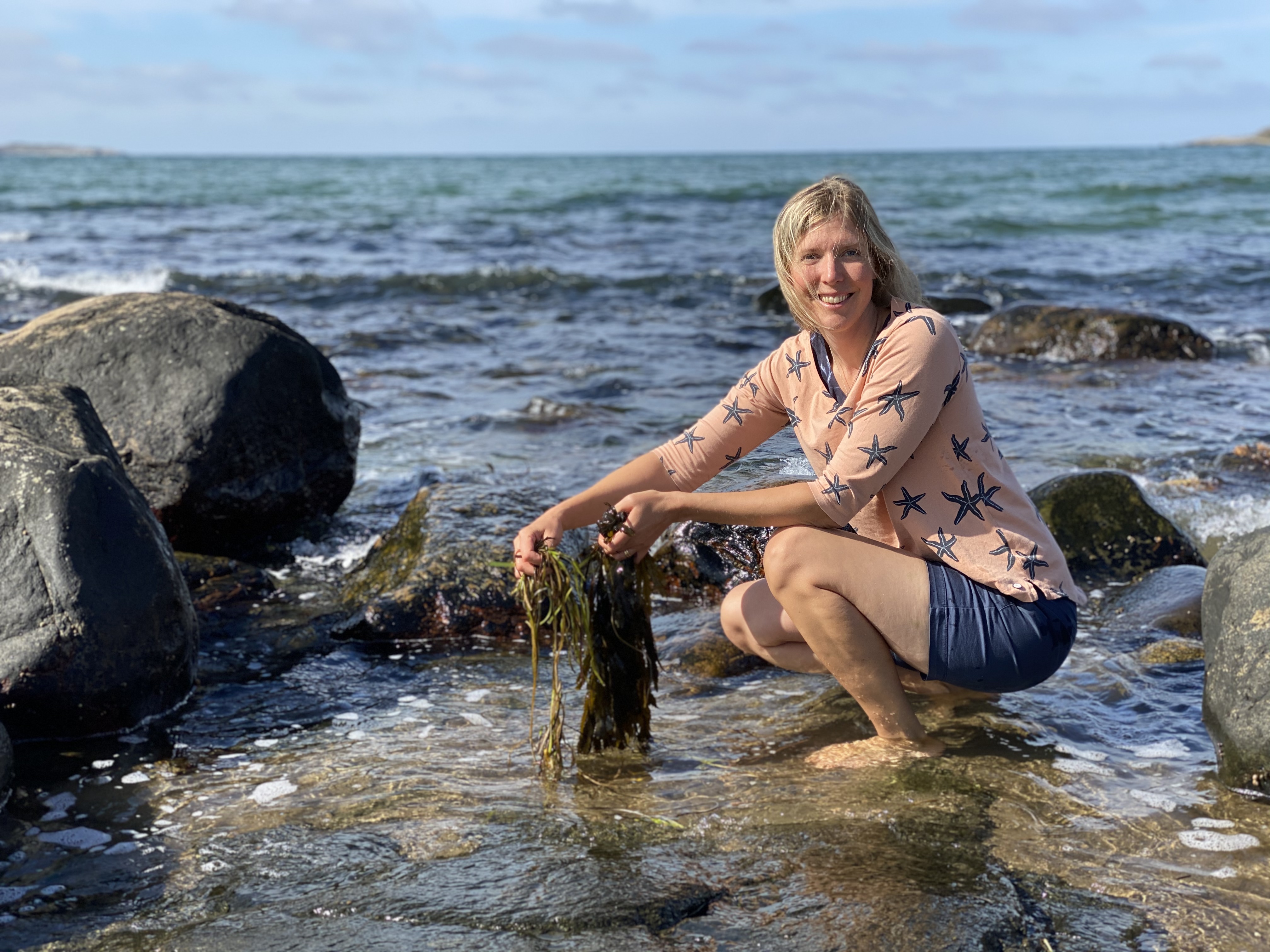Marie Lenngren samlar in tång i havet.